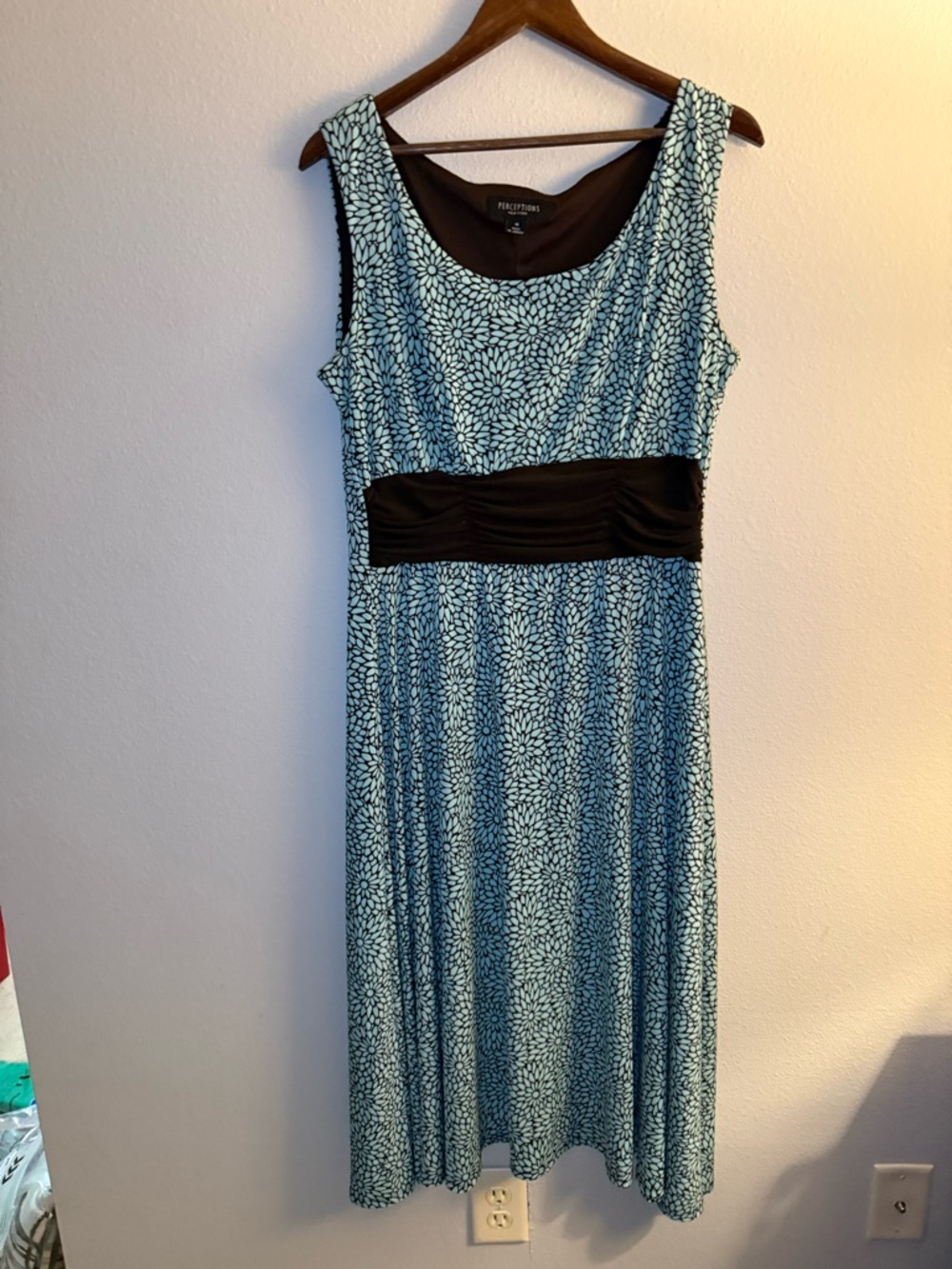 Perceptions Green/Teal Floral Midi Dress with Deep Brown Waistband